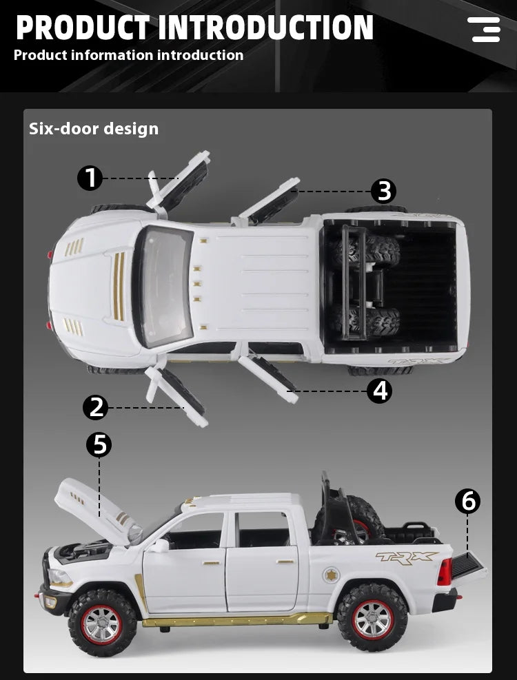 1:32 RAM Pickup Truck Alloy Model with Sound, Light & Spring-Back Action - Kids' Toy for Adventurous Play