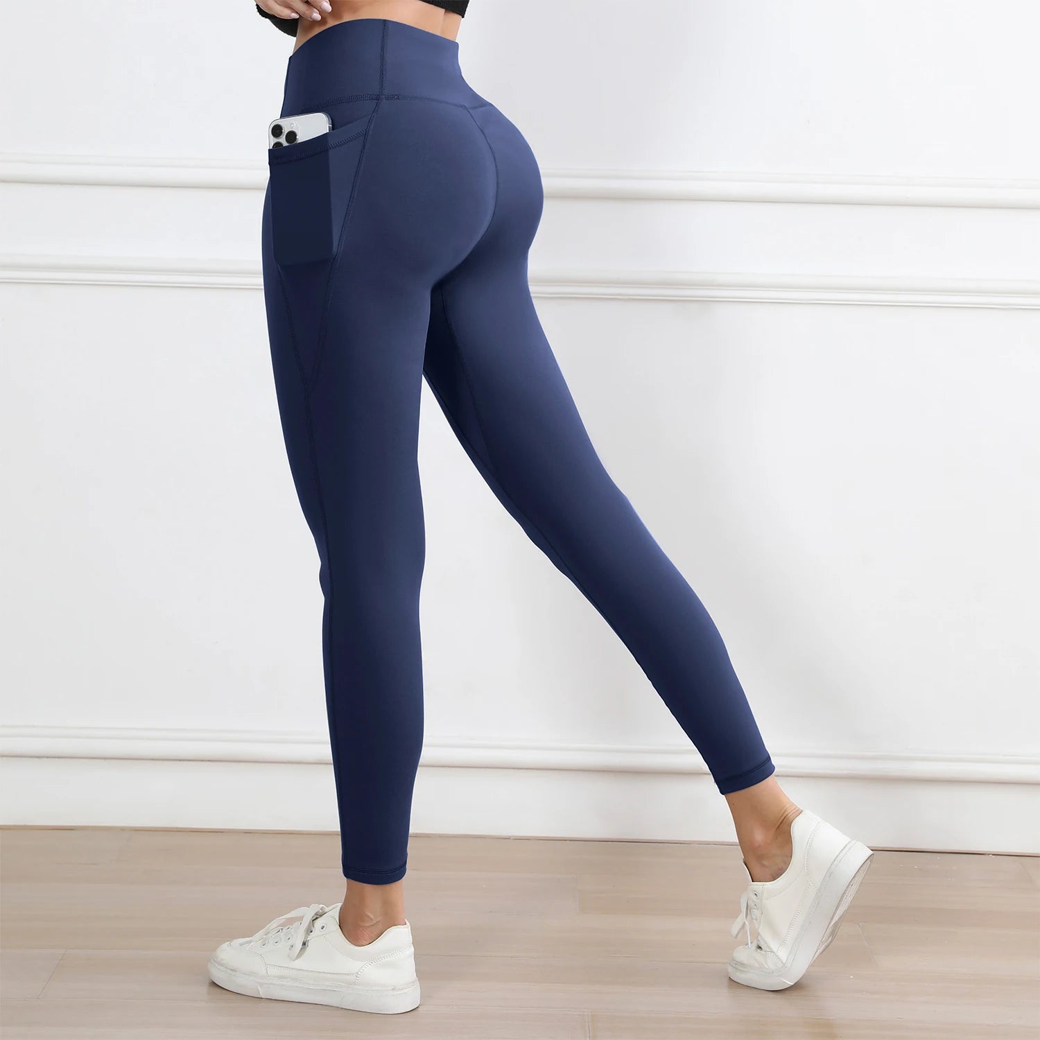 Women Leggings with Pockets Solid Color High Waist Butt Lifting Workout Tights Slim Elastic Pants Casual Wear
