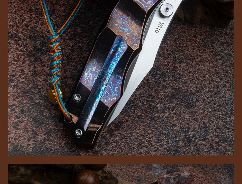 Blue Flame Titanium Handle Folding Knife with VG10 Blade, Titanium EDC Pocket Knife, Outdoor Camping Hunting Survival Tool Anti