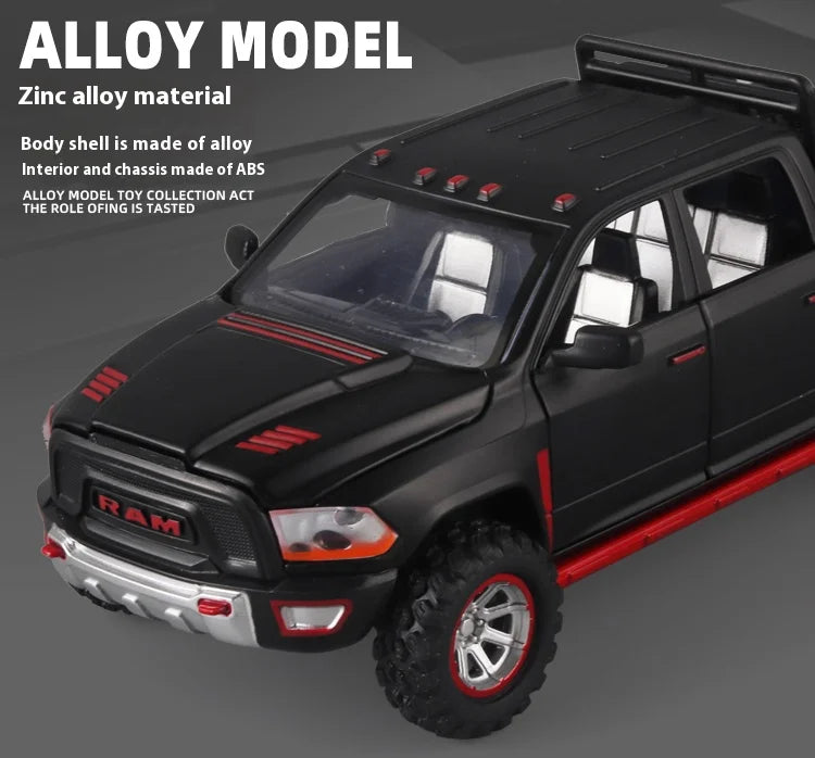 1:32 RAM Pickup Truck Alloy Model with Sound, Light & Spring-Back Action - Kids' Toy for Adventurous Play