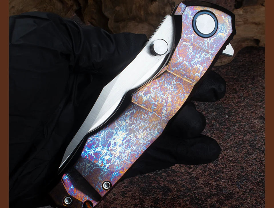 Blue Flame Titanium Handle Folding Knife with VG10 Blade, Titanium EDC Pocket Knife, Outdoor Camping Hunting Survival Tool Anti