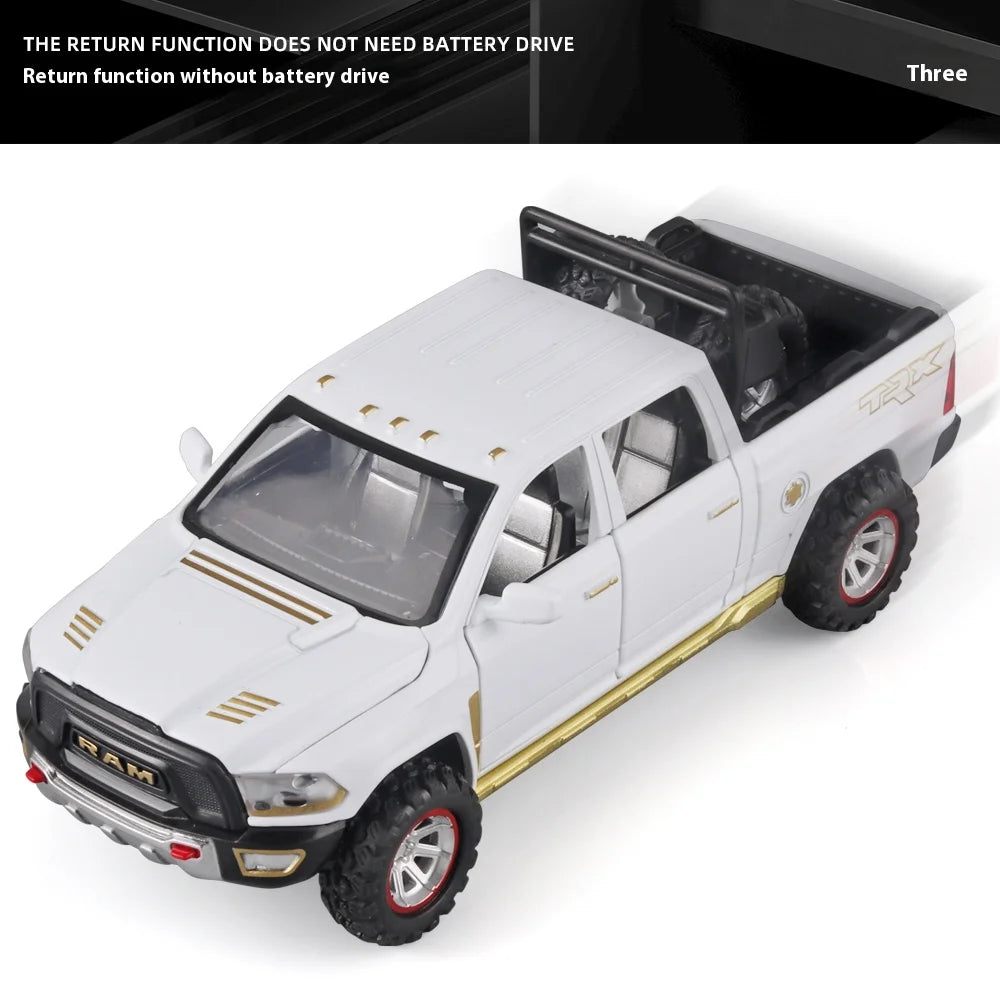 1:32 RAM Pickup Truck Alloy Model with Sound, Light & Spring-Back Action - Kids' Toy for Adventurous Play