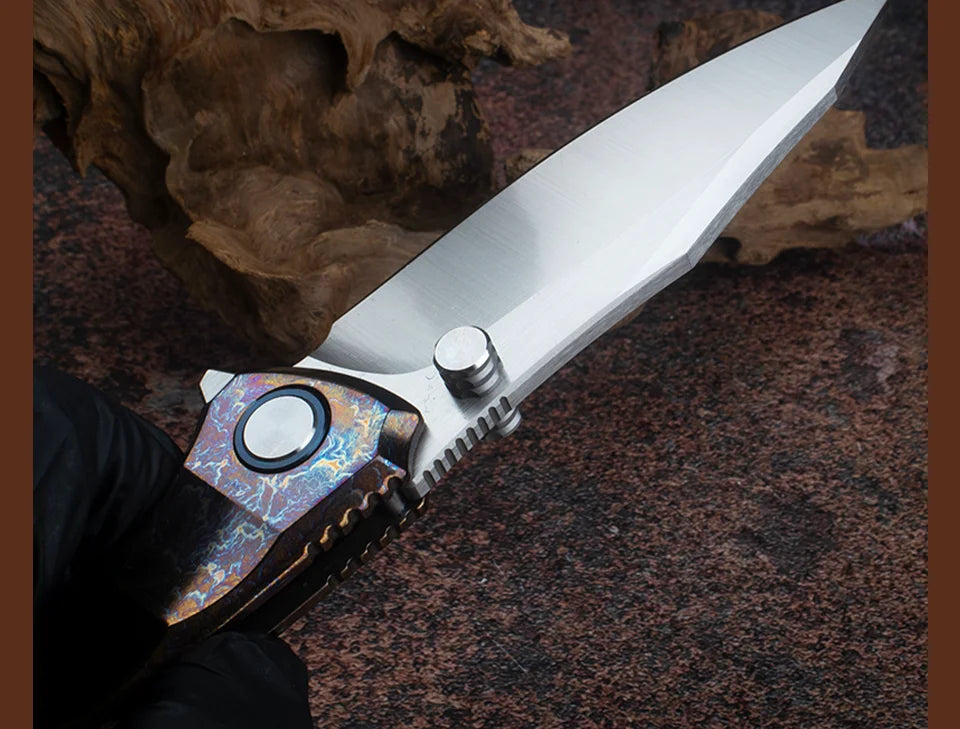 Blue Flame Titanium Handle Folding Knife with VG10 Blade, Titanium EDC Pocket Knife, Outdoor Camping Hunting Survival Tool Anti