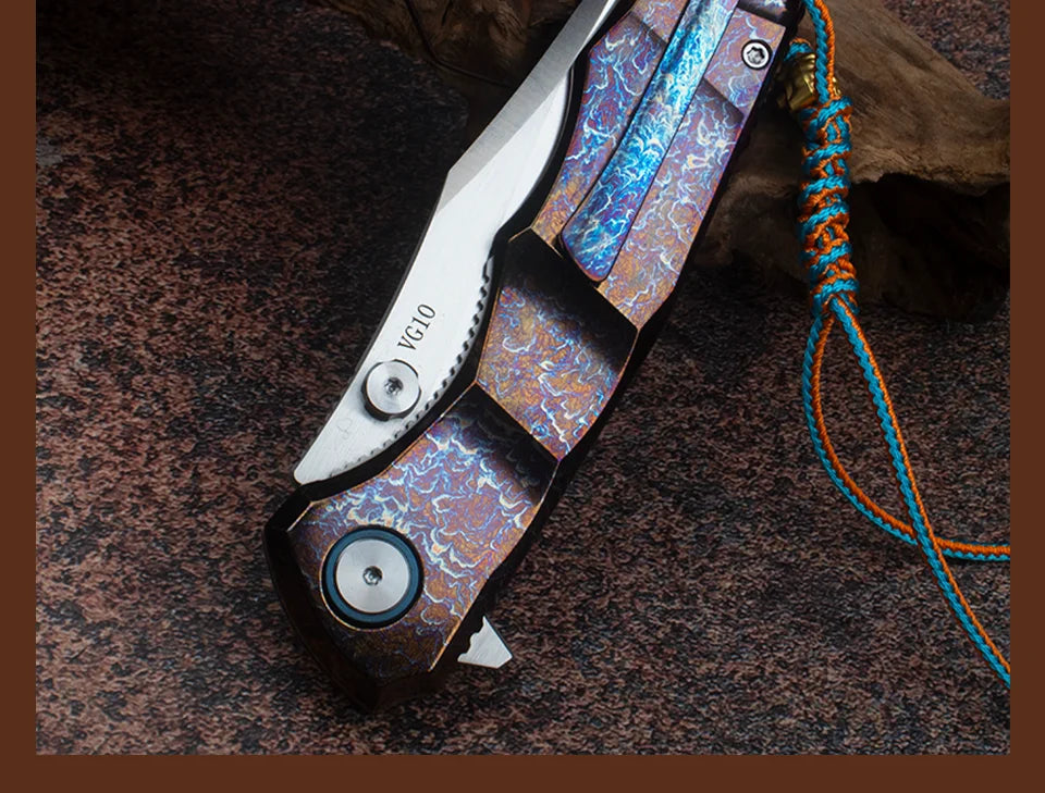Blue Flame Titanium Handle Folding Knife with VG10 Blade, Titanium EDC Pocket Knife, Outdoor Camping Hunting Survival Tool Anti
