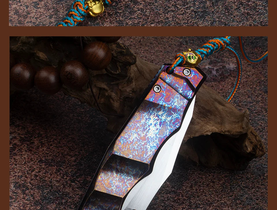 Blue Flame Titanium Handle Folding Knife with VG10 Blade, Titanium EDC Pocket Knife, Outdoor Camping Hunting Survival Tool Anti