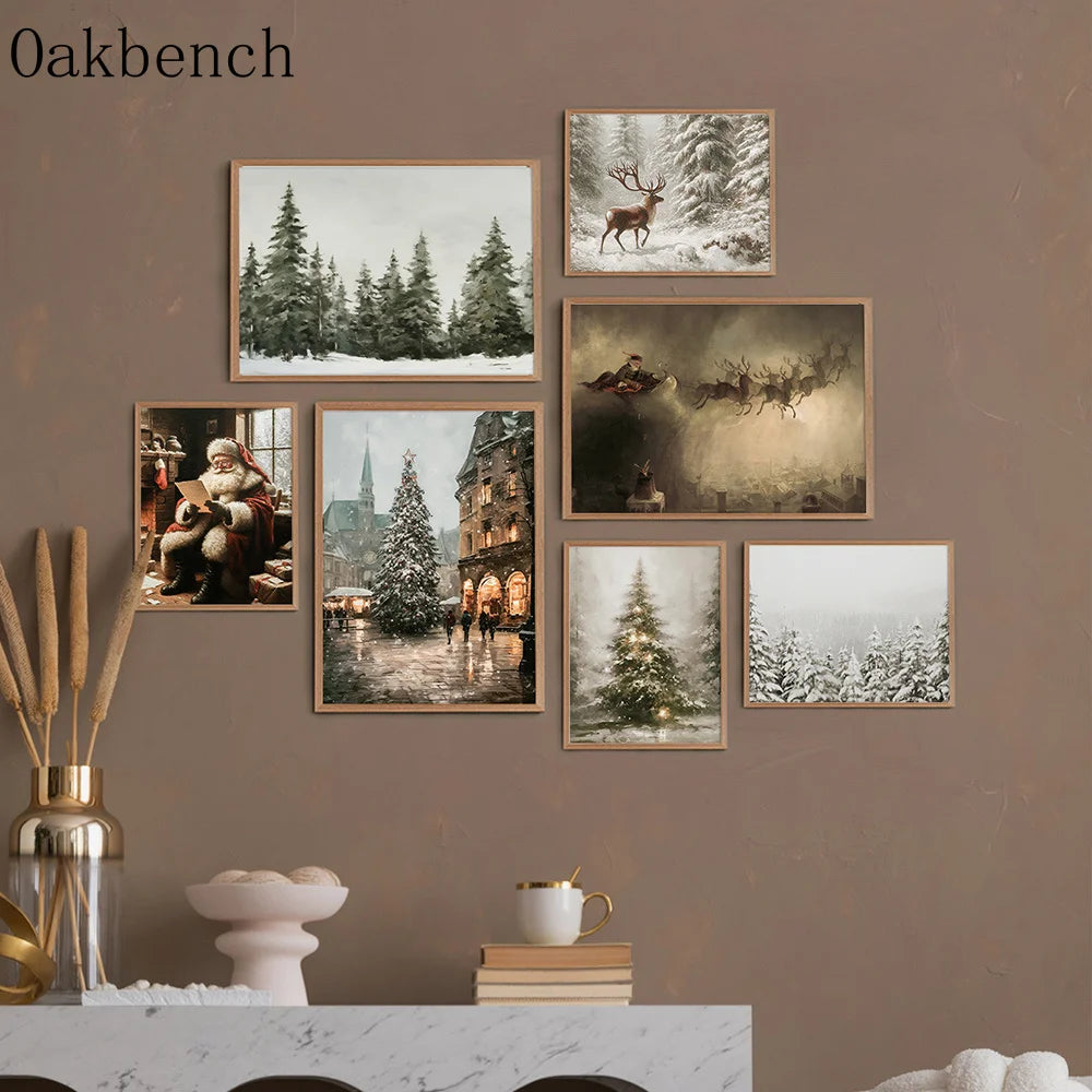 Christmas Trees Wall Art Snowy Village Print Picture Santa Deers Canvas Painting Poster For Livng Room Decoration Holiday Gift