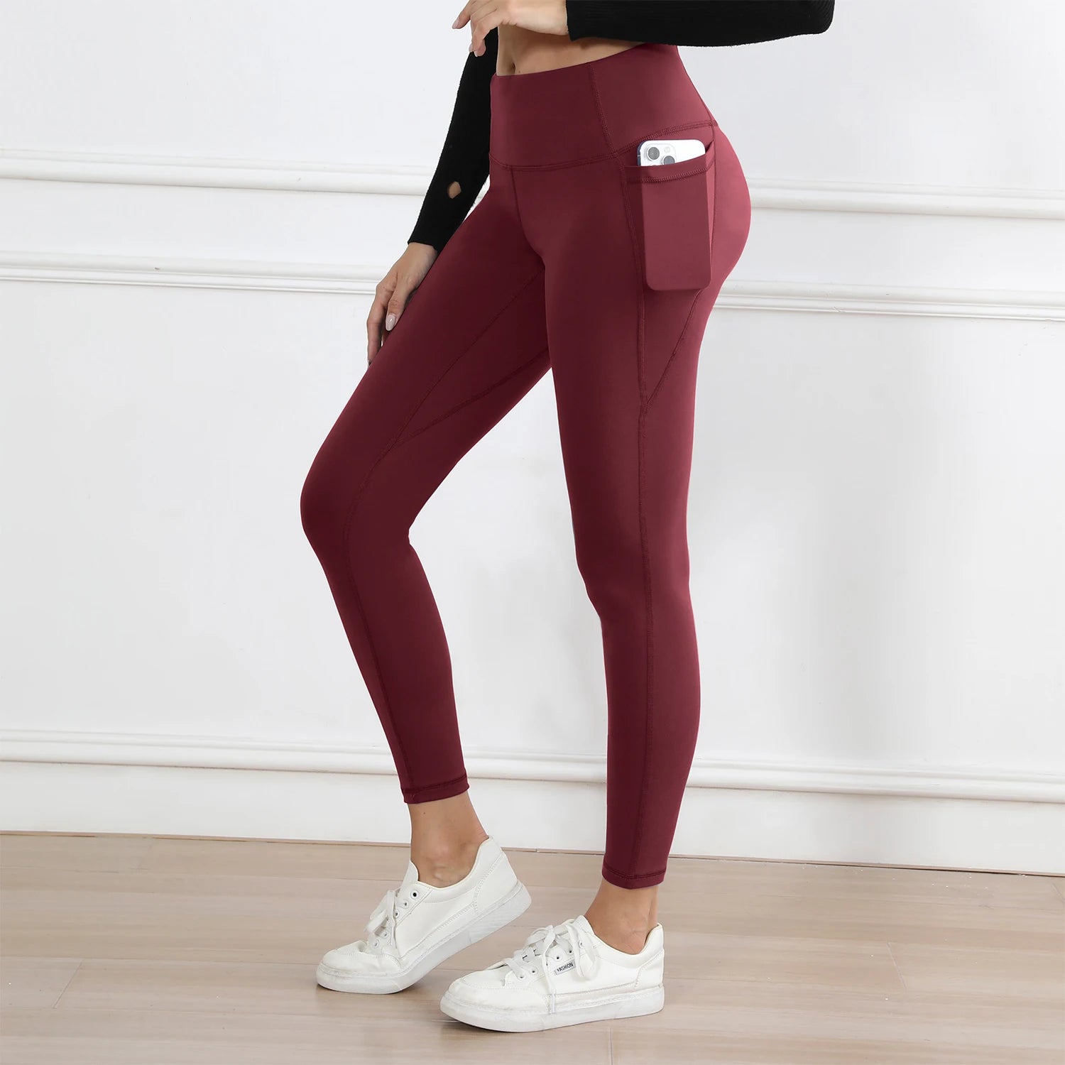 Women Leggings with Pockets Solid Color High Waist Butt Lifting Workout Tights Slim Elastic Pants Casual Wear