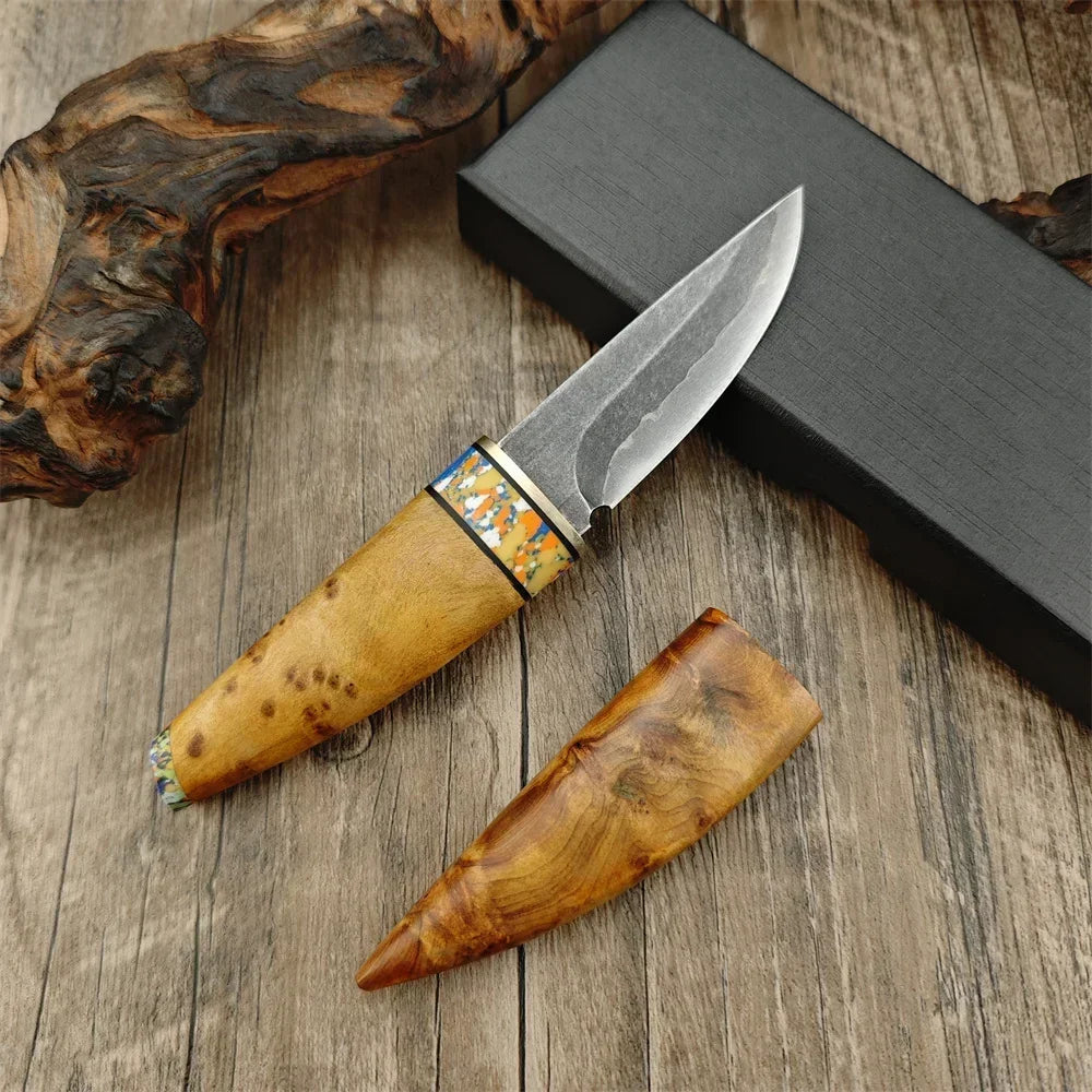 Portable Mini fixed blade knives tactical Straight Knife Composite Steel Laser Laser Blade White Shadow Wood Handle Fruit Knife