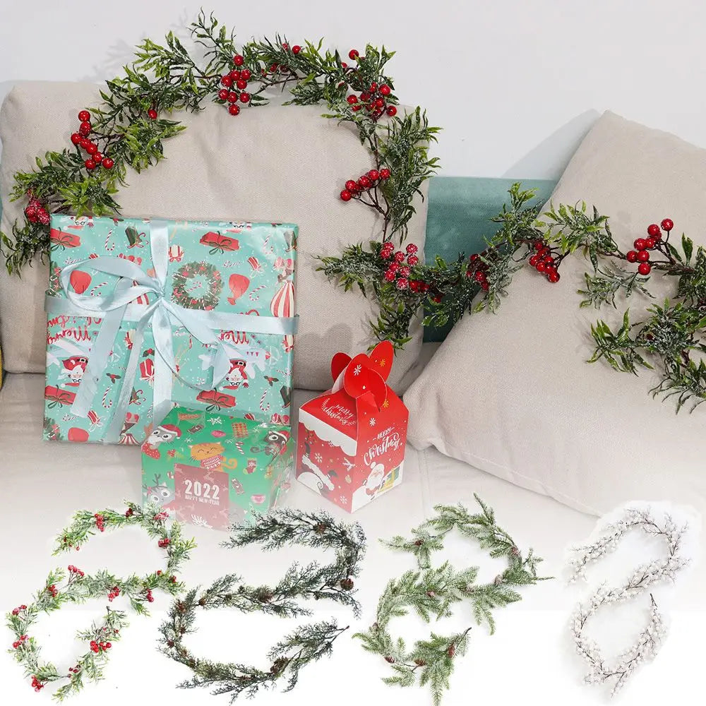 Gift Xmas Tree Ornament Leaves Branches Christmas Decorative Garland Pine Cones Vine Artificial Red Berries Hanging Wreath