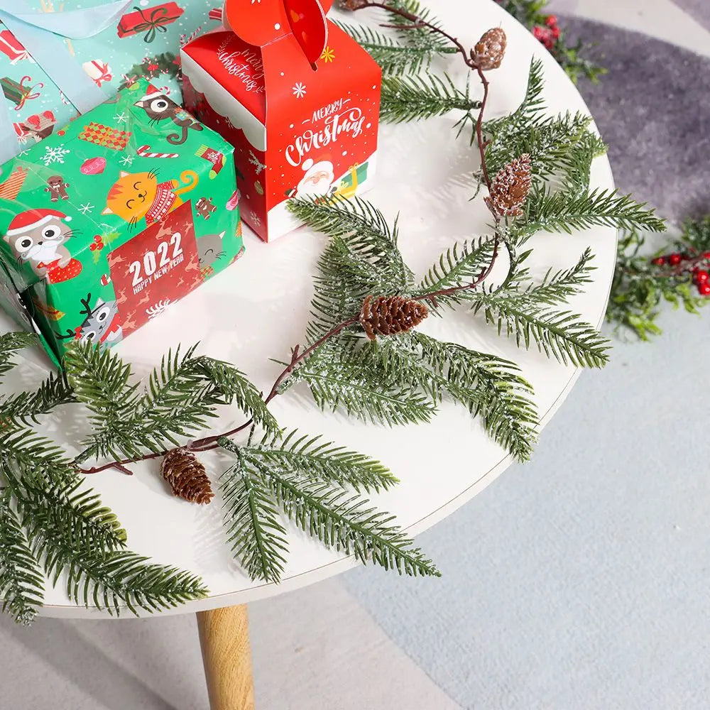 Gift Xmas Tree Ornament Leaves Branches Christmas Decorative Garland Pine Cones Vine Artificial Red Berries Hanging Wreath