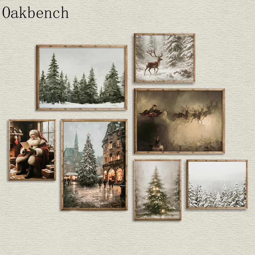 Christmas Trees Wall Art Snowy Village Print Picture Santa Deers Canvas Painting Poster For Livng Room Decoration Holiday Gift