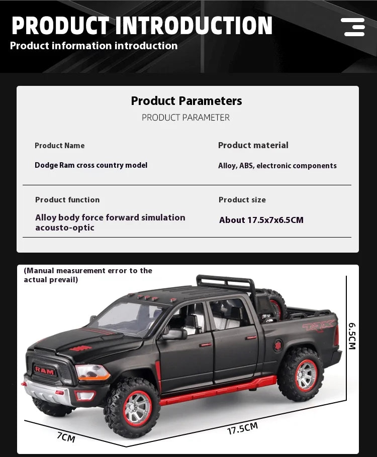 1:32 RAM Pickup Truck Alloy Model with Sound, Light & Spring-Back Action - Kids' Toy for Adventurous Play