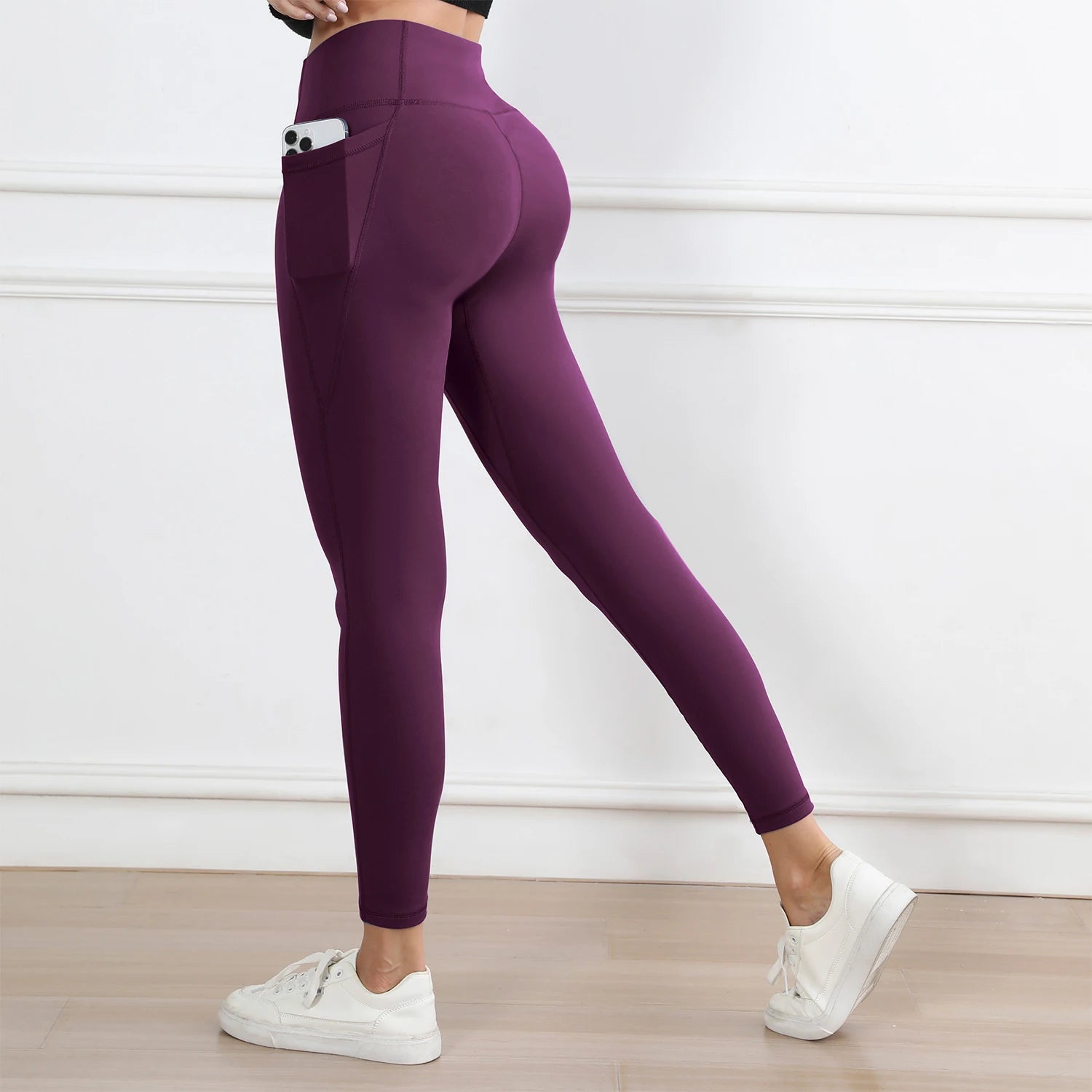 Women Leggings with Pockets Solid Color High Waist Butt Lifting Workout Tights Slim Elastic Pants Casual Wear