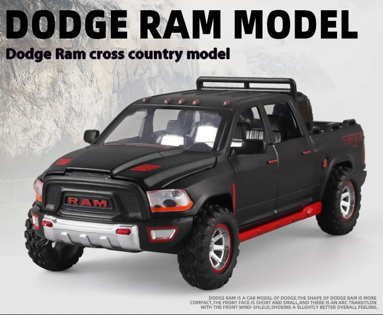 1:32 RAM Pickup Truck Alloy Model with Sound, Light & Spring-Back Action - Kids' Toy for Adventurous Play