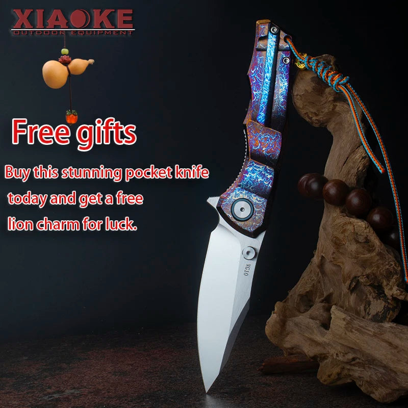 Blue Flame Titanium Handle Folding Knife with VG10 Blade, Titanium EDC Pocket Knife, Outdoor Camping Hunting Survival Tool Anti