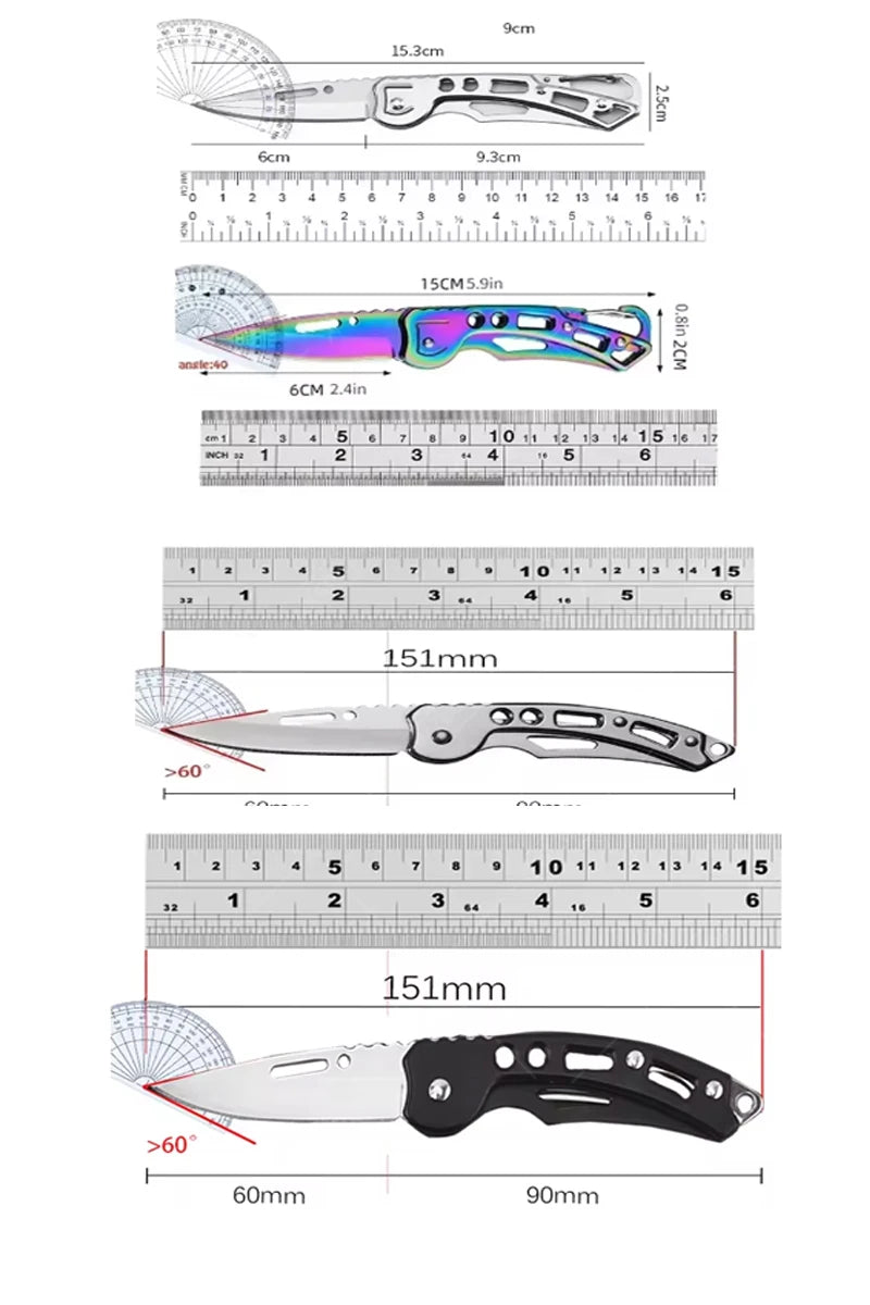 Folding Fruit Knife Stainless Steel Pocket Knife with Keychain Fruit Slicing Knives with Non-slip Handle Household Small Knife