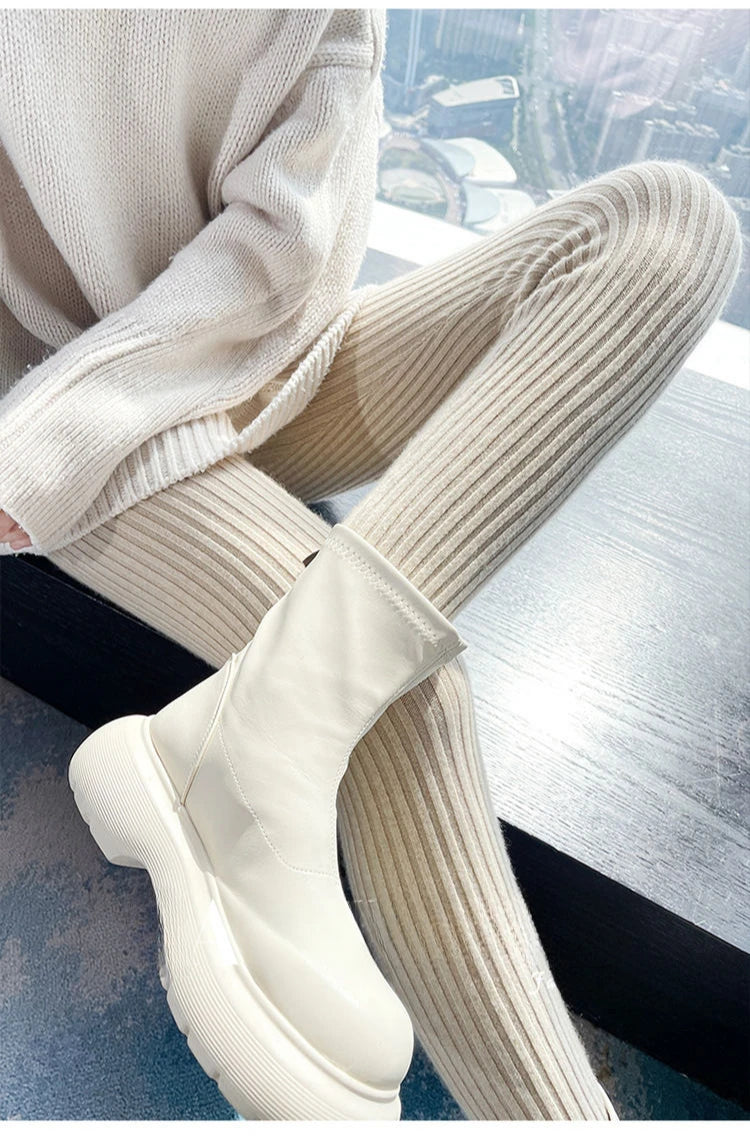 Black Knitted Leggings Slim Fit Autumn and Winter New Wool Warm Women's Leggings Sexy High Waist Vertical Stripes Womens Pants