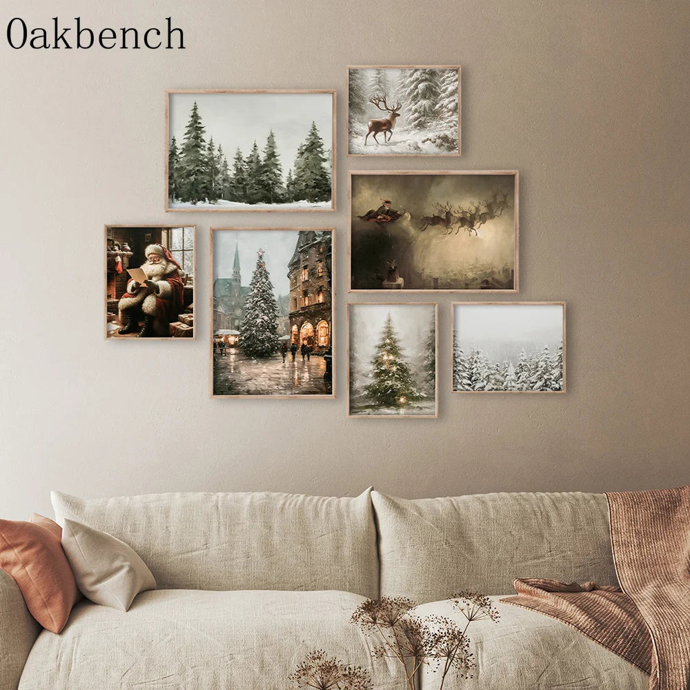 Christmas Trees Wall Art Snowy Village Print Picture Santa Deers Canvas Painting Poster For Livng Room Decoration Holiday Gift
