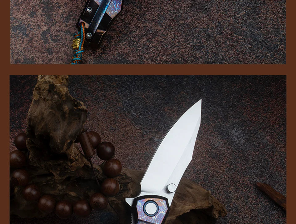 Blue Flame Titanium Handle Folding Knife with VG10 Blade, Titanium EDC Pocket Knife, Outdoor Camping Hunting Survival Tool Anti