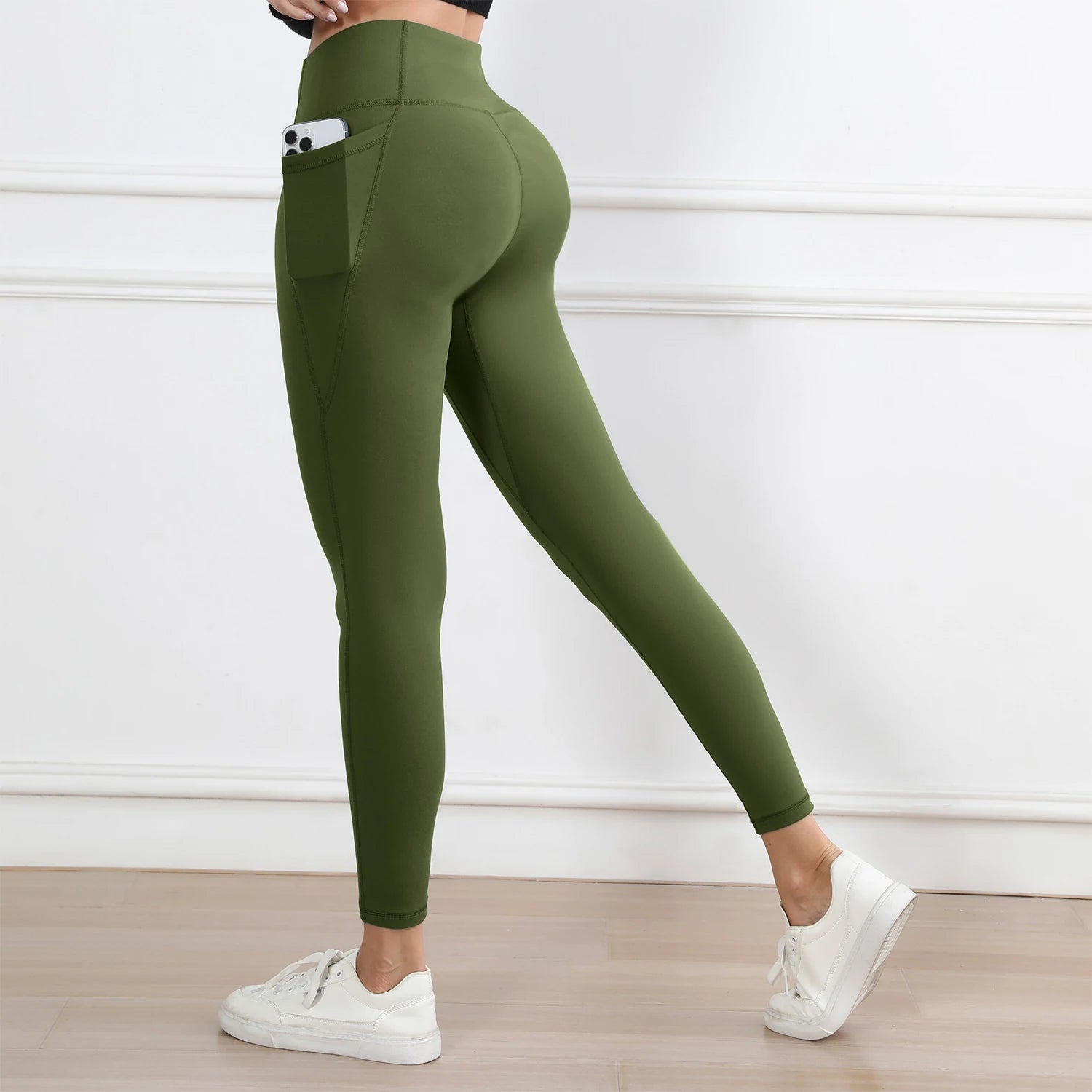 Women Leggings with Pockets Solid Color High Waist Butt Lifting Workout Tights Slim Elastic Pants Casual Wear
