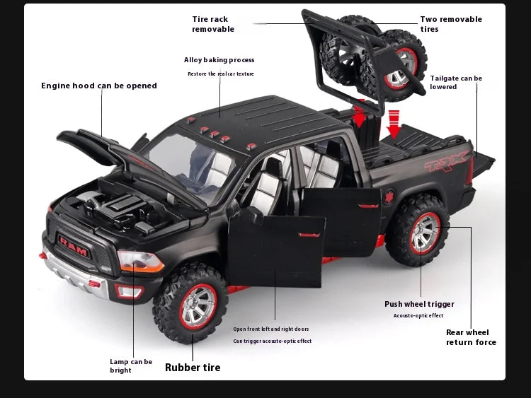 1:32 RAM Pickup Truck Alloy Model with Sound, Light & Spring-Back Action - Kids' Toy for Adventurous Play
