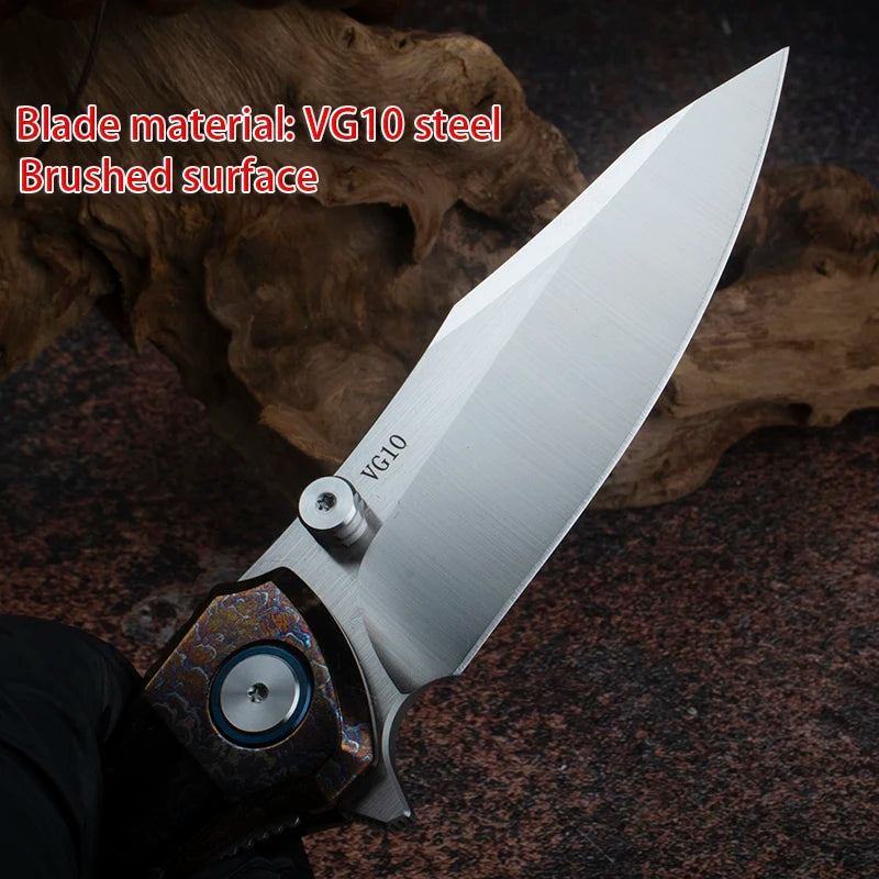 Blue Flame Titanium Handle Folding Knife with VG10 Blade, Titanium EDC Pocket Knife, Outdoor Camping Hunting Survival Tool Anti