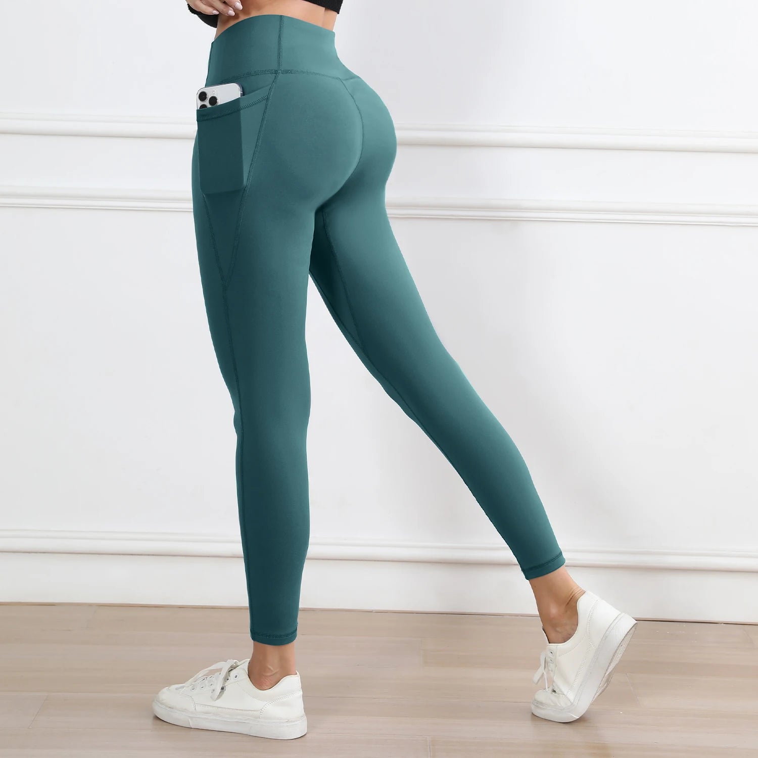 Women Leggings with Pockets Solid Color High Waist Butt Lifting Workout Tights Slim Elastic Pants Casual Wear