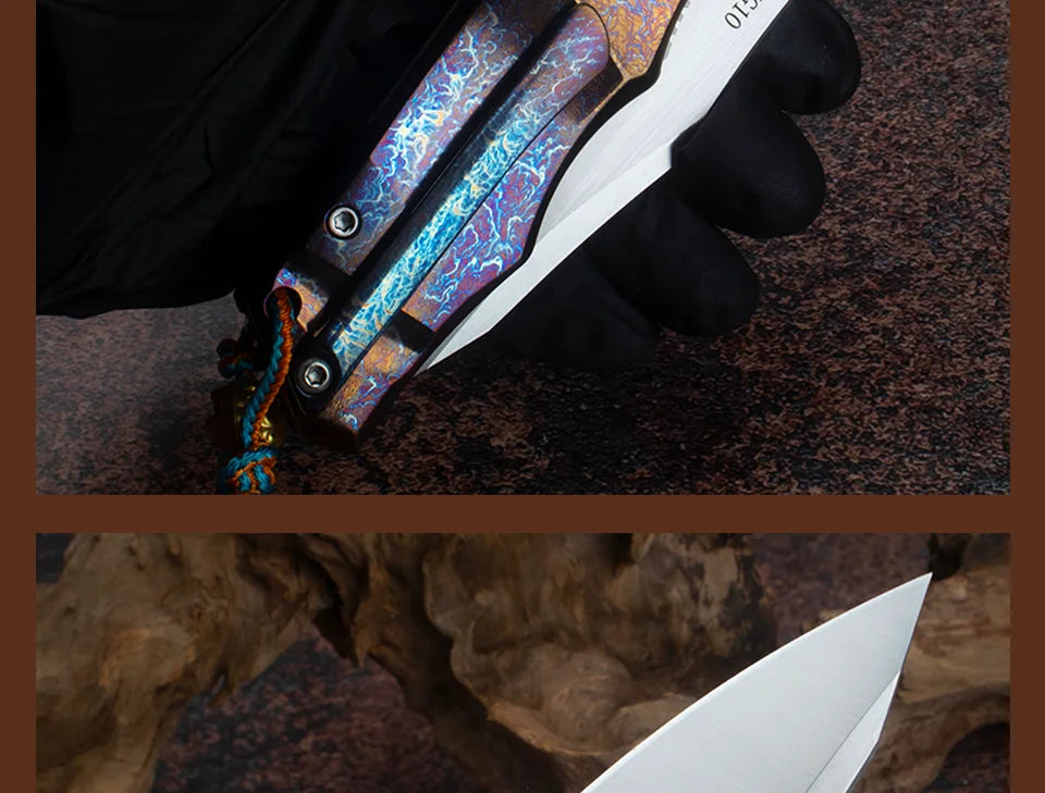 Blue Flame Titanium Handle Folding Knife with VG10 Blade, Titanium EDC Pocket Knife, Outdoor Camping Hunting Survival Tool Anti