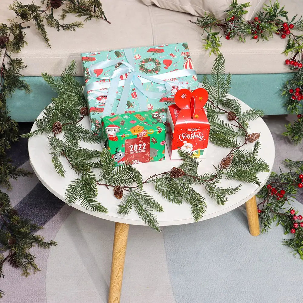 Gift Xmas Tree Ornament Leaves Branches Christmas Decorative Garland Pine Cones Vine Artificial Red Berries Hanging Wreath