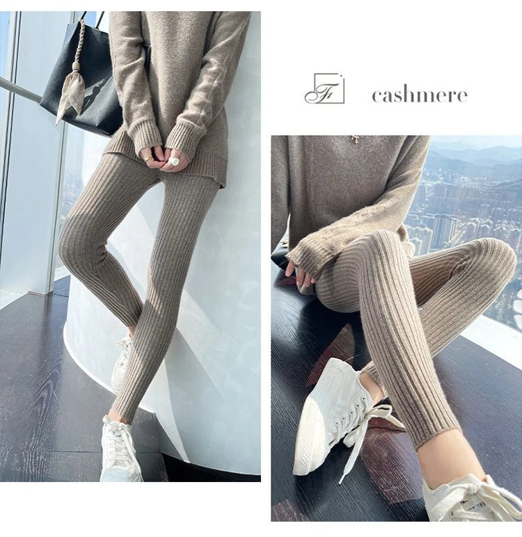 Black Knitted Leggings Slim Fit Autumn and Winter New Wool Warm Women's Leggings Sexy High Waist Vertical Stripes Womens Pants