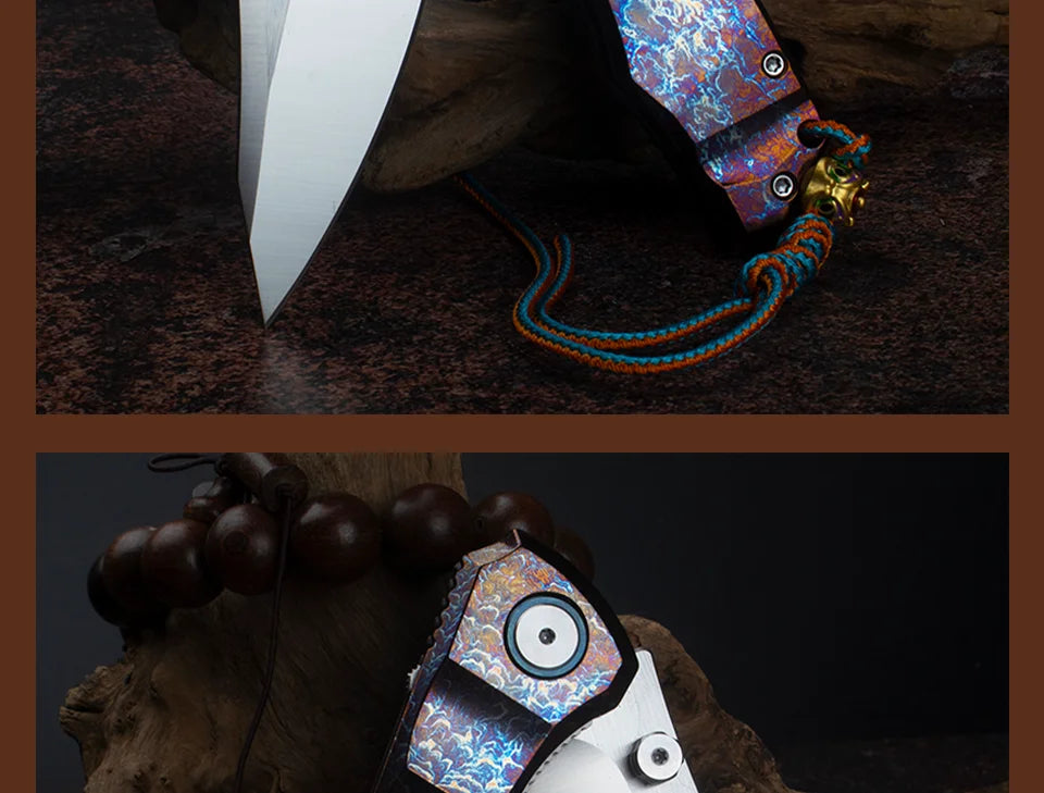 Blue Flame Titanium Handle Folding Knife with VG10 Blade, Titanium EDC Pocket Knife, Outdoor Camping Hunting Survival Tool Anti