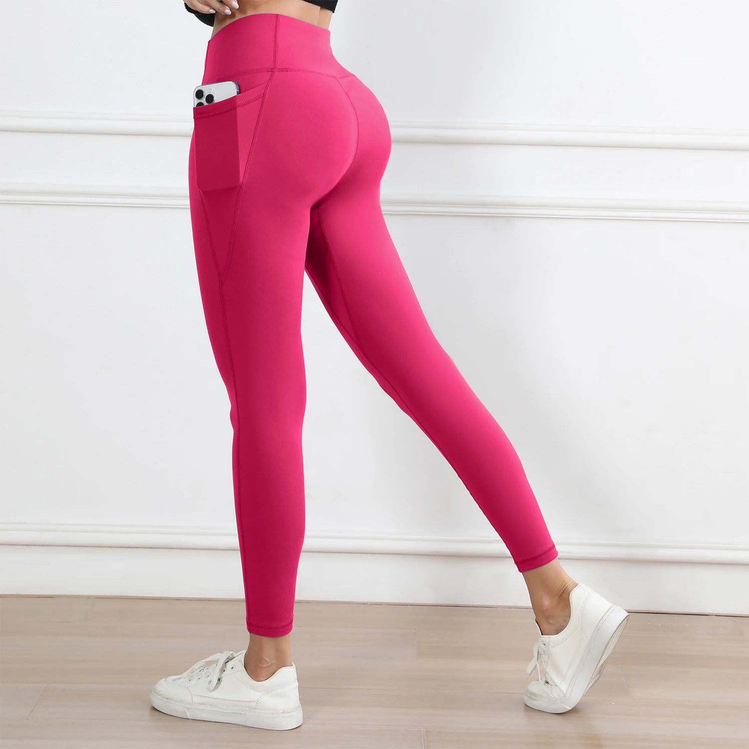 Women Leggings with Pockets Solid Color High Waist Butt Lifting Workout Tights Slim Elastic Pants Casual Wear