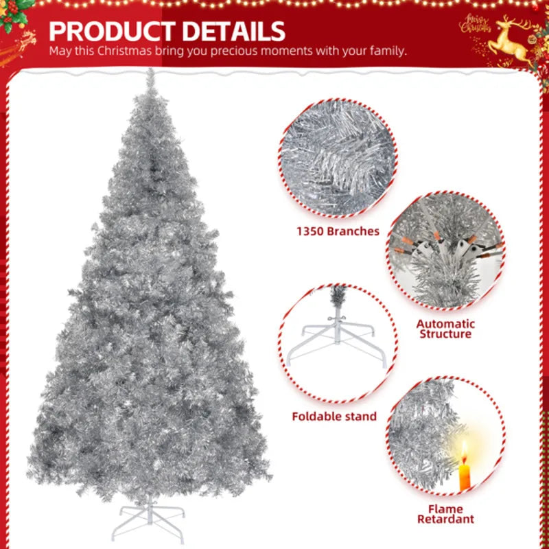 8Ft Sier PET Christmas Tree 1350 Branches Automatic Structure - Artificial Xmas Decor Indoor Easy Assemble Holiday Decoration