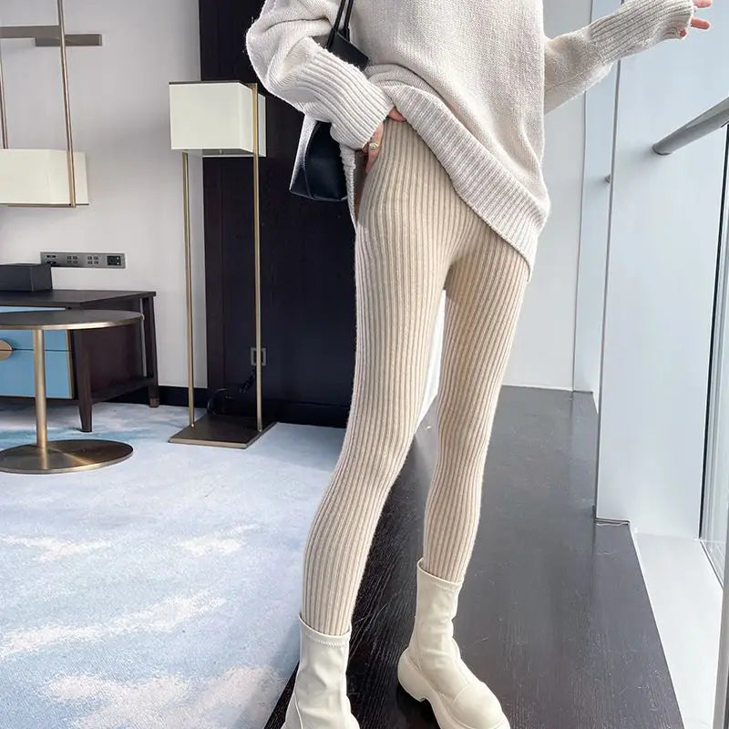 Black Knitted Leggings Slim Fit Autumn and Winter New Wool Warm Women's Leggings Sexy High Waist Vertical Stripes Womens Pants