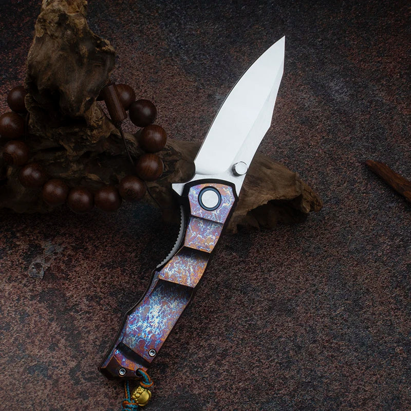Blue Flame Titanium Handle Folding Knife with VG10 Blade, Titanium EDC Pocket Knife, Outdoor Camping Hunting Survival Tool Anti