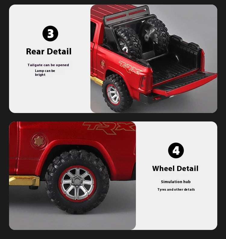 1:32 RAM Pickup Truck Alloy Model with Sound, Light & Spring-Back Action - Kids' Toy for Adventurous Play