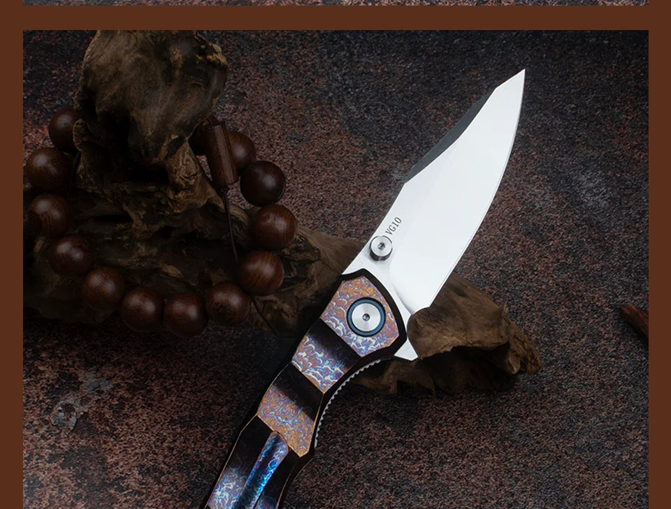 Blue Flame Titanium Handle Folding Knife with VG10 Blade, Titanium EDC Pocket Knife, Outdoor Camping Hunting Survival Tool Anti