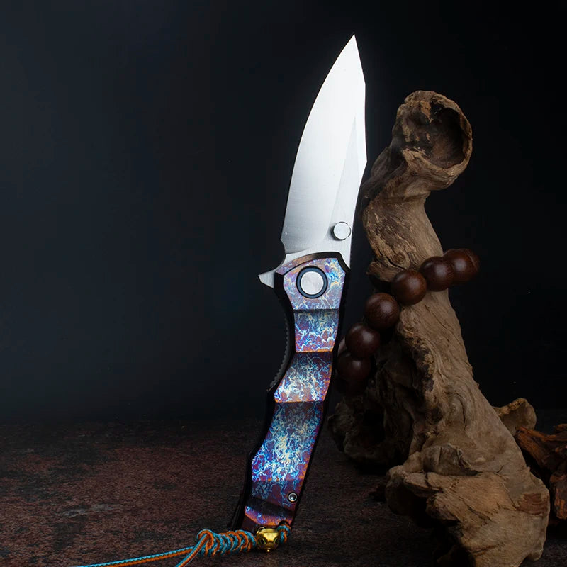 Blue Flame Titanium Handle Folding Knife with VG10 Blade, Titanium EDC Pocket Knife, Outdoor Camping Hunting Survival Tool Anti