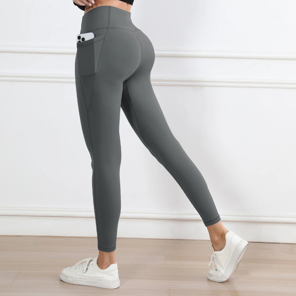Women Leggings with Pockets Solid Color High Waist Butt Lifting Workout Tights Slim Elastic Pants Casual Wear