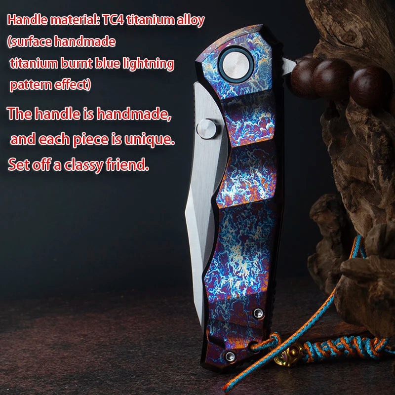 Blue Flame Titanium Handle Folding Knife with VG10 Blade, Titanium EDC Pocket Knife, Outdoor Camping Hunting Survival Tool Anti