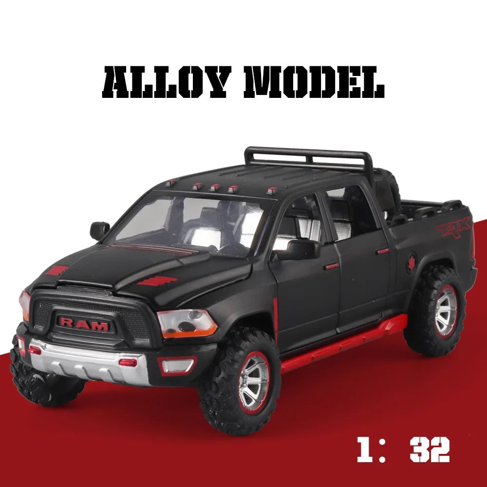 1:32 RAM Pickup Truck Alloy Model with Sound, Light & Spring-Back Action - Kids' Toy for Adventurous Play
