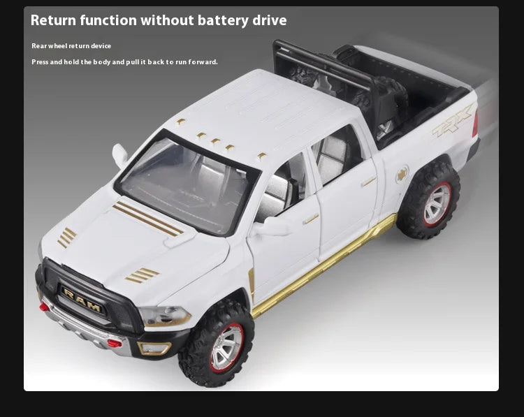 1:32 RAM Pickup Truck Alloy Model with Sound, Light & Spring-Back Action - Kids' Toy for Adventurous Play