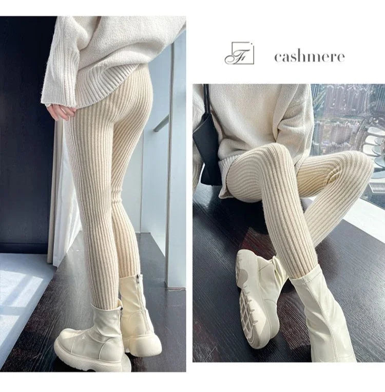 Black Knitted Leggings Slim Fit Autumn and Winter New Wool Warm Women's Leggings Sexy High Waist Vertical Stripes Womens Pants