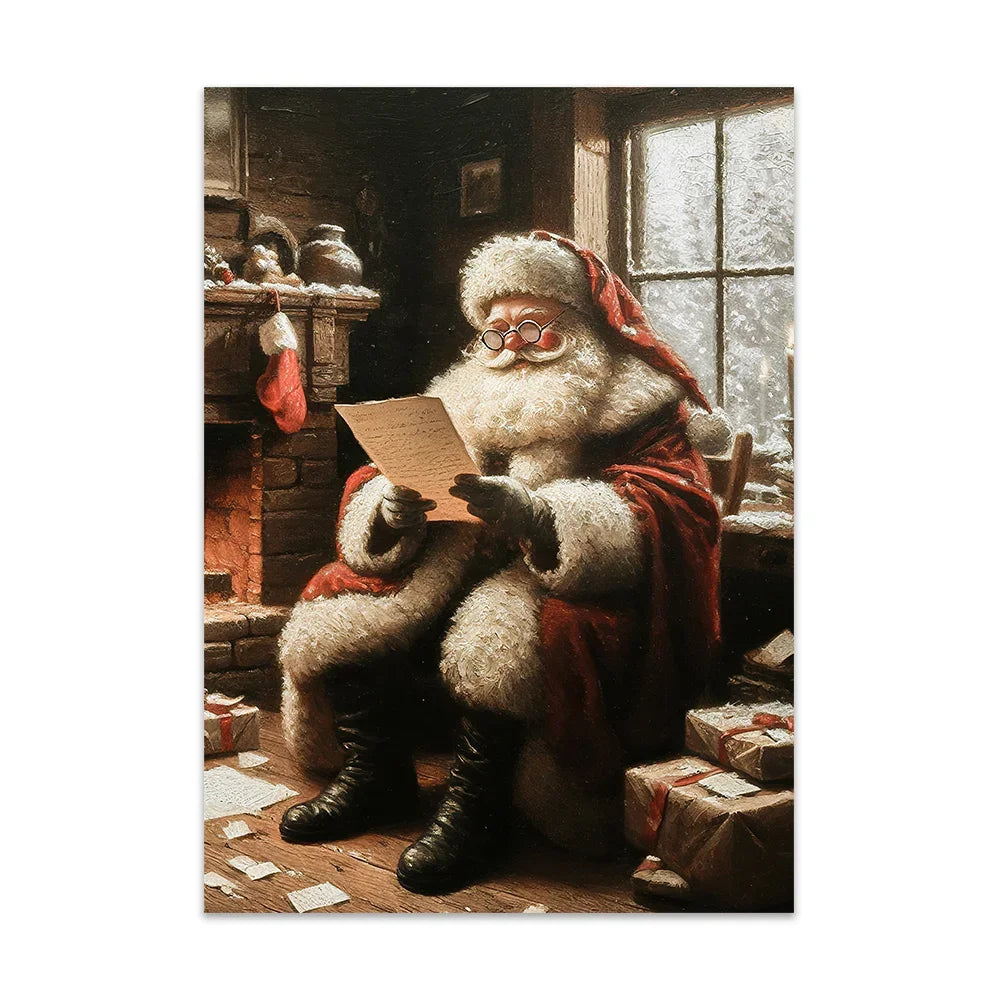 Christmas Trees Wall Art Snowy Village Print Picture Santa Deers Canvas Painting Poster For Livng Room Decoration Holiday Gift