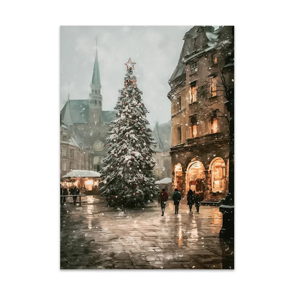 Christmas Trees Wall Art Snowy Village Print Picture Santa Deers Canvas Painting Poster For Livng Room Decoration Holiday Gift