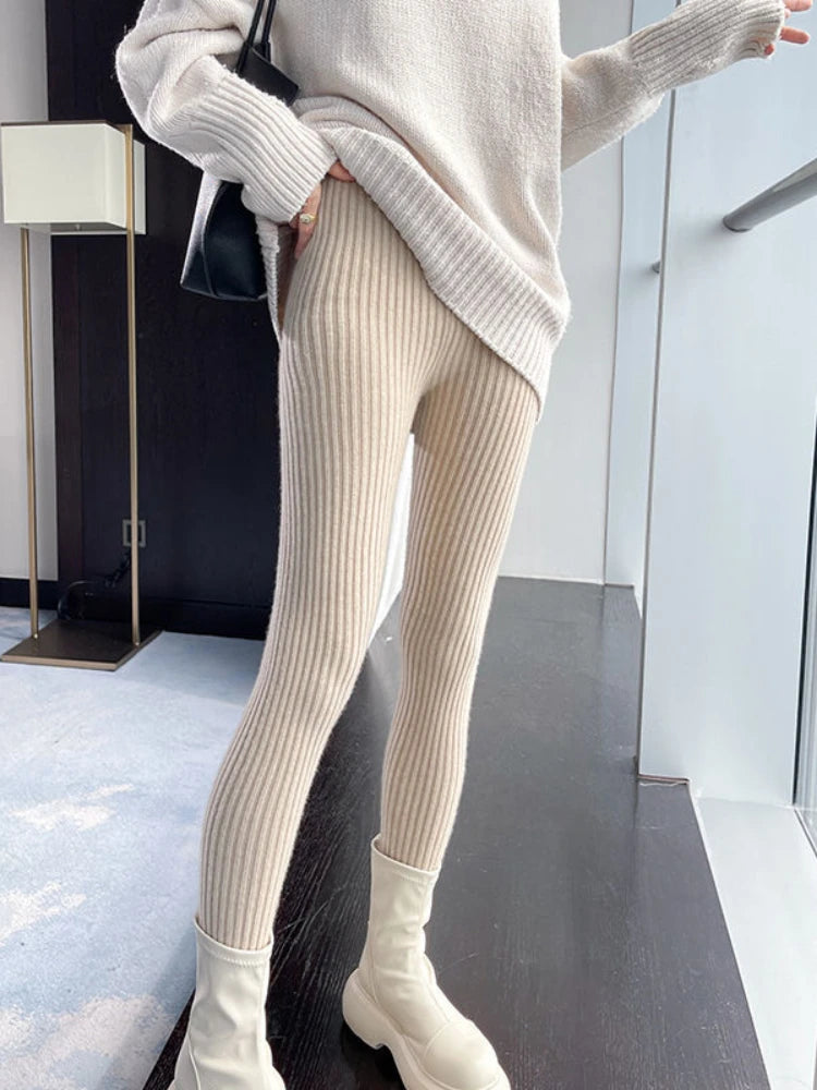 Black Knitted Leggings Slim Fit Autumn and Winter New Wool Warm Women's Leggings Sexy High Waist Vertical Stripes Womens Pants