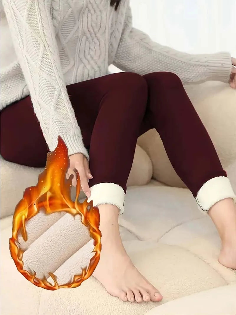 Plush Lined Warm And Cozy Sherpa Leggings For Women-Solid Color High Waist Skinny Long Pants Perfect For Winter Sports, Fitness,
