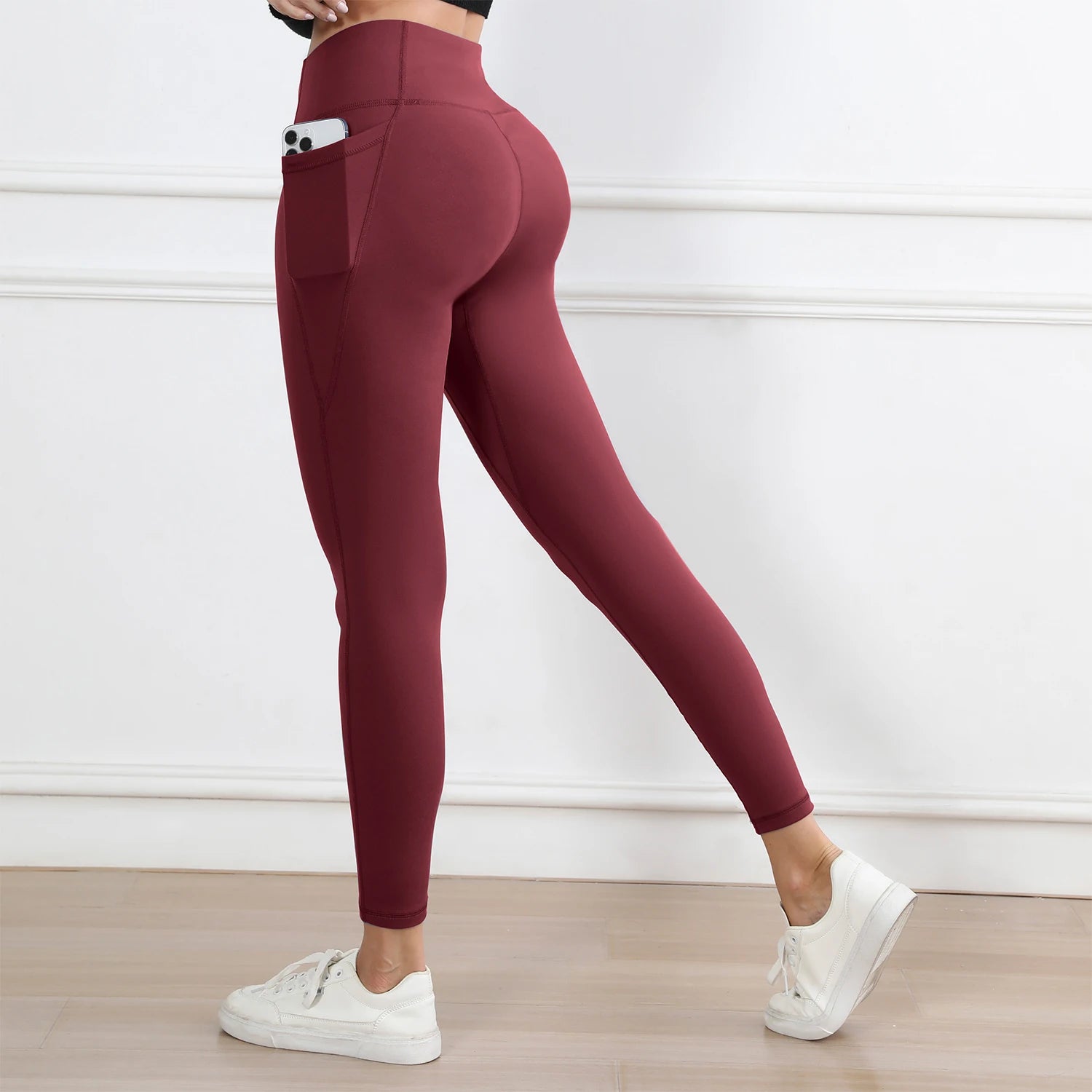 Women Leggings with Pockets Solid Color High Waist Butt Lifting Workout Tights Slim Elastic Pants Casual Wear