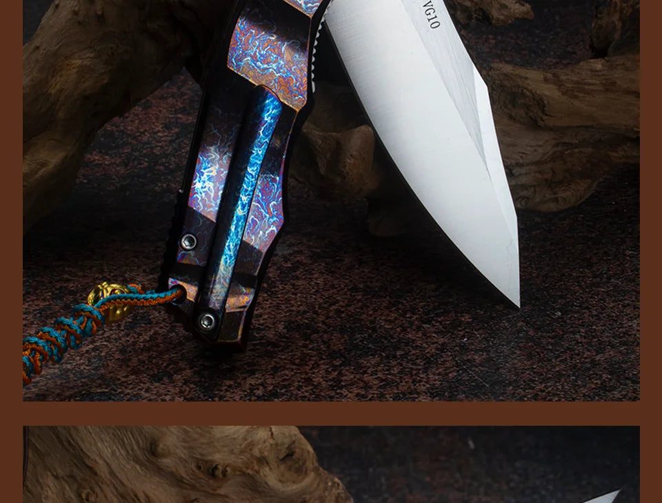 Blue Flame Titanium Handle Folding Knife with VG10 Blade, Titanium EDC Pocket Knife, Outdoor Camping Hunting Survival Tool Anti