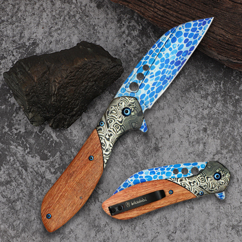 Blue Patterned Wood Damascus Pocket Knife with Clip, Camping, Carving, Fishing, Hiking